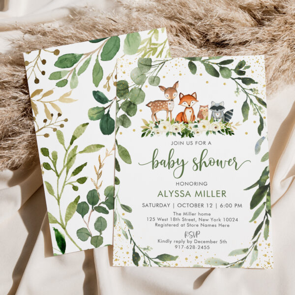 Woodland Baby Shower Greenery Forest Animal Invitation