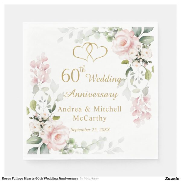 Roses Foliage Hearts 60th Wedding Anniversary Napkins