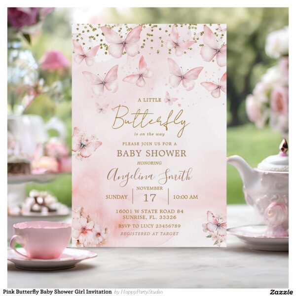 Pink Butterfly Baby Shower Girl Invitation