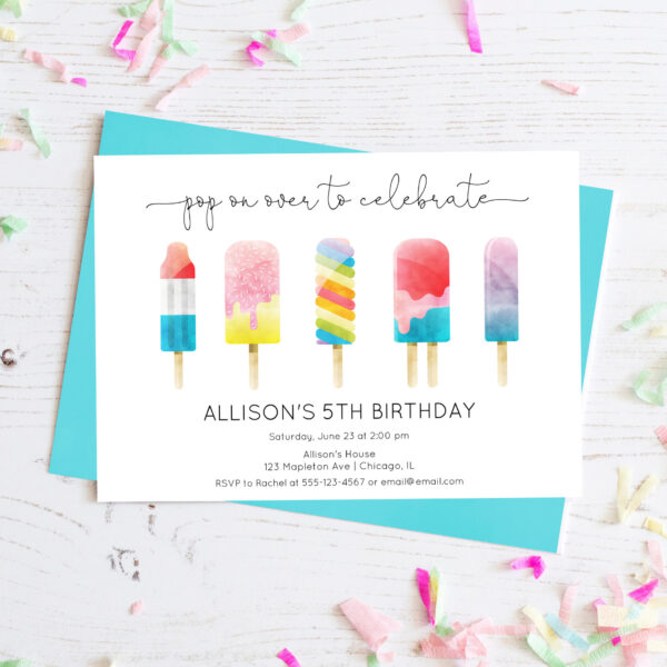 Summer popsicle ice cream birthday party invitation