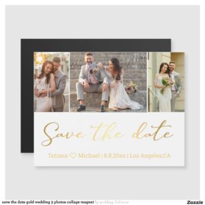 save the date gold wedding 3 photos collage magnet