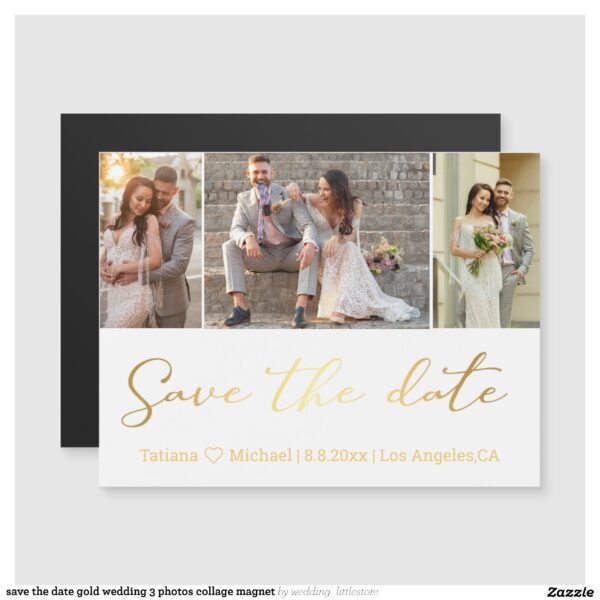 save the date gold wedding 3 photos collage magnet
