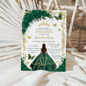 Quincea?era Emerald Green Floral Gold Princess Invitation