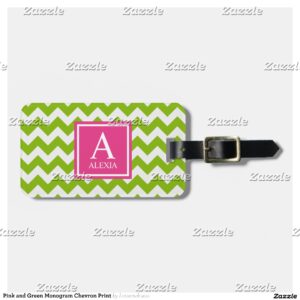 Pink and Green Monogram Chevron Print Luggage Tag