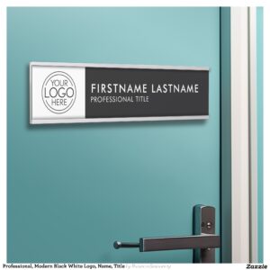 Professional, Modern Black White Logo, Name, Title Door Sign