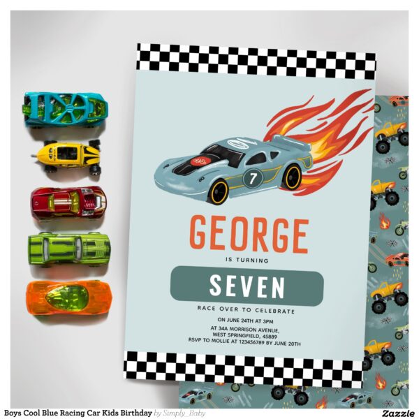 Boys Cool Blue Racing Car Kids Birthday Invitation