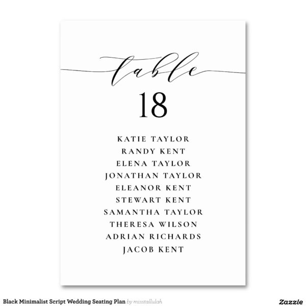 Black Minimalist Script Wedding Seating Plan Table Number