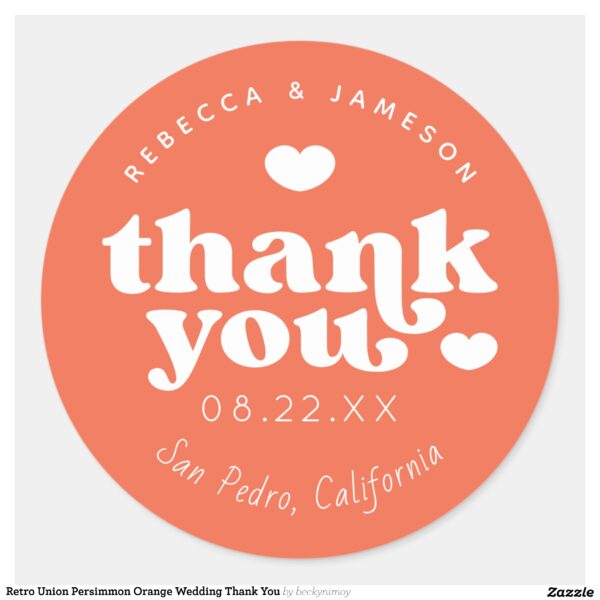 Retro Union Persimmon Orange Wedding Thank You Classic Round Sticker