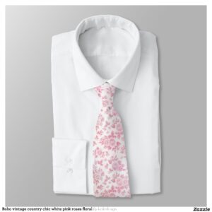 Boho vintage country chic white pink roses floral neck tie