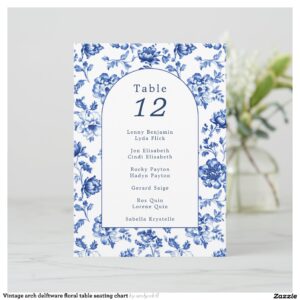 Vintage arch delftware floral table seating chart invitation