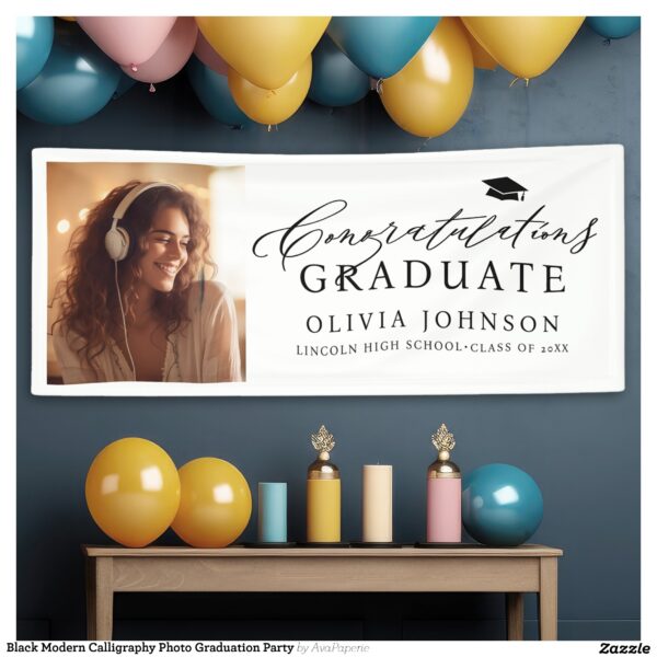 Black Modern Calligraphy Photo Graduation Party Banner