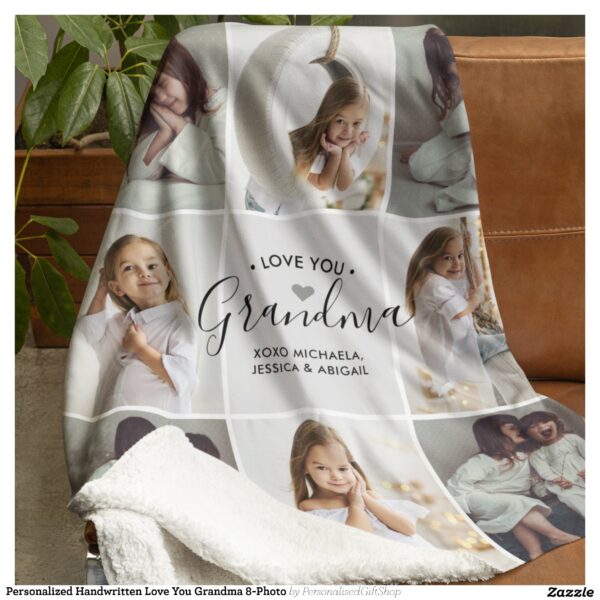 Personalized Handwritten Love You Grandma 8-Photo Sherpa Blanket