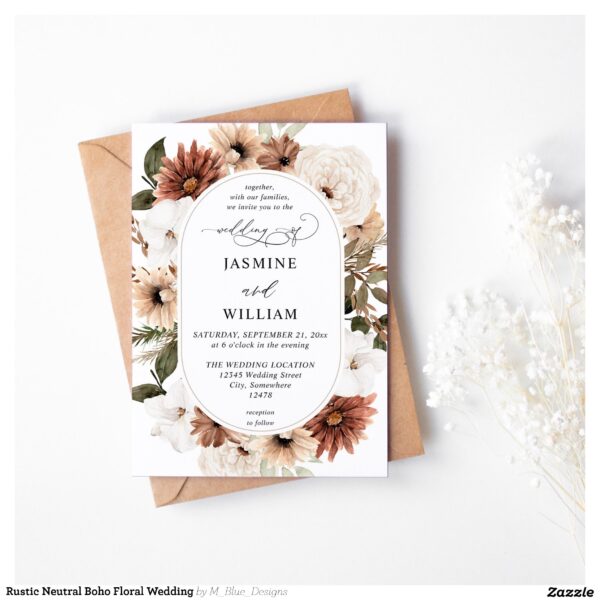 Rustic Neutral Boho Floral Wedding Invitation