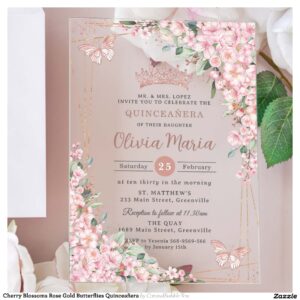 Cherry Blossoms Rose Gold Butterflies Quincea?era Acrylic Invitations