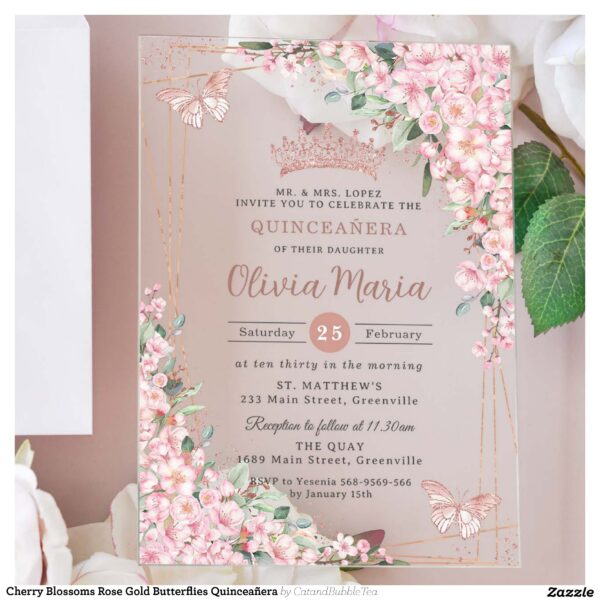 Cherry Blossoms Rose Gold Butterflies Quincea?era Acrylic Invitations