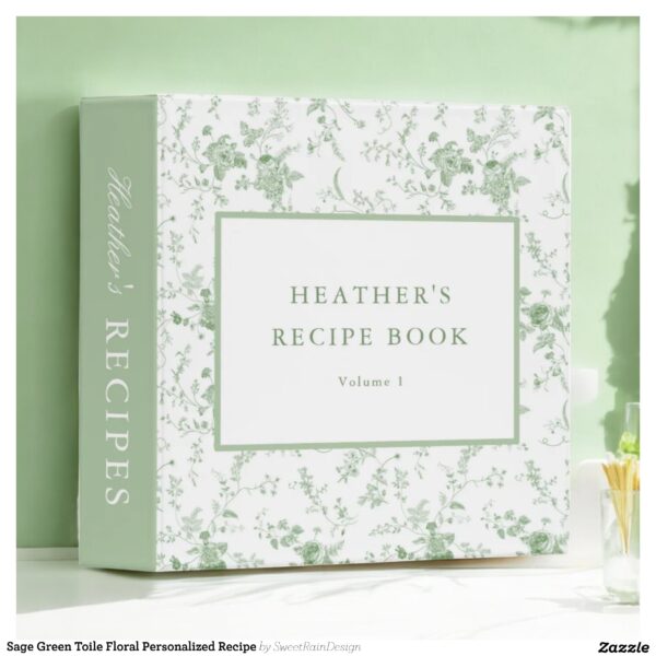 Sage Green Toile Floral Personalized Recipe 3 Ring Binder