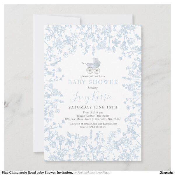 Blue Chinoiserie floral baby Shower Invitation, Invitation