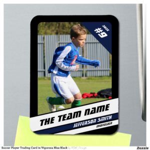 Soccer Player Trading Card in Vigorous Blue Black Magnet