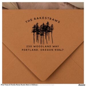 Pine Trees & Family Name Rustic Return Address Rubber Stamp