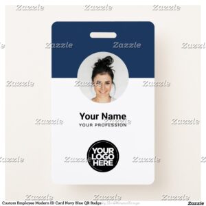 Custom Employee Modern ID Card Navy Blue QR Badge