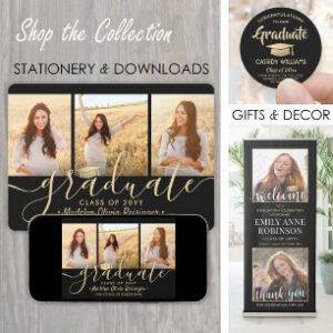 4 Photo Graduation Collage Black and Gold Script Announcement