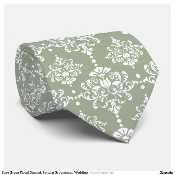 Sage Green Floral Damask Pattern Groomsmen Wedding Neck Tie