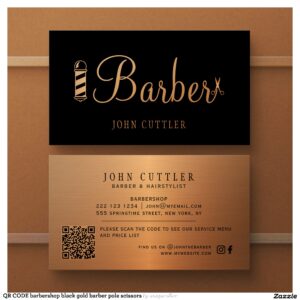 QR CODE barbershop black gold barber pole scissors Business Card