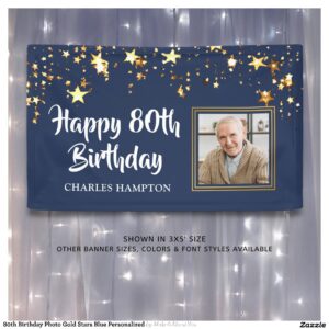 80th Birthday Photo Gold Stars Blue Personalized Banner
