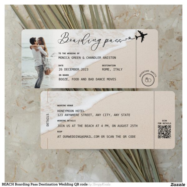 BEACH Boarding Pass Destination Wedding QR code Invitation