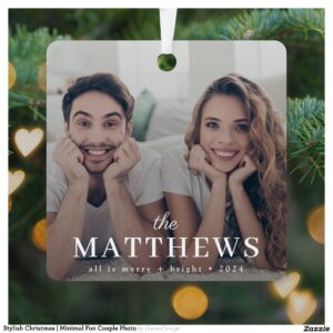 Stylish Christmas Minimal Fun Couple Photo Metal Ornament