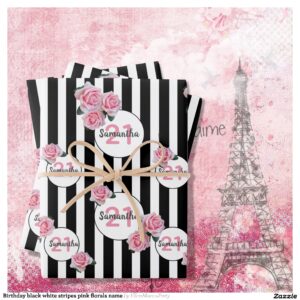 Birthday black white stripes pink florals monogram wrapping paper sheets