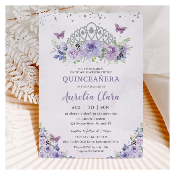 Quincea?era Purple Lilac Floral Tiara Butterflies Invitation
