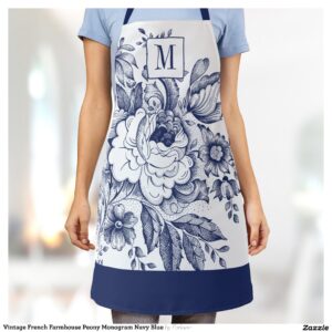 Vintage French Farmhouse Peony Monogram Navy Blue Apron