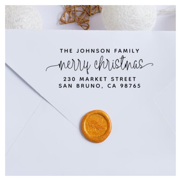 Script Lettering Merry Christmas & Family Name Rubber Stamp