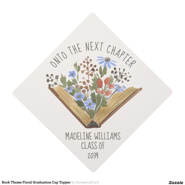 Book Theme Floral Graduation Cap Topper