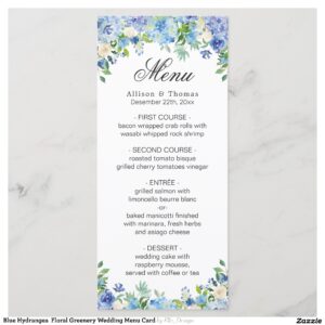 Blue Hydrangea Floral Greenery Wedding Menu Card