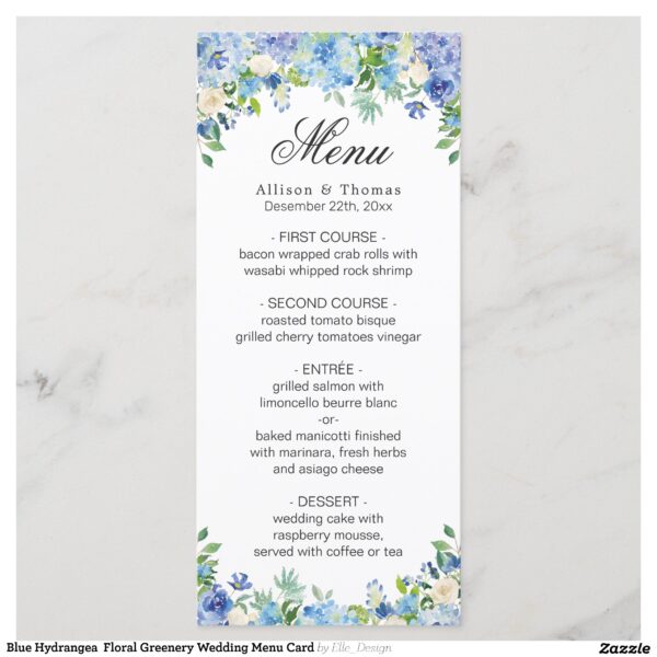 Blue Hydrangea Floral Greenery Wedding Menu Card