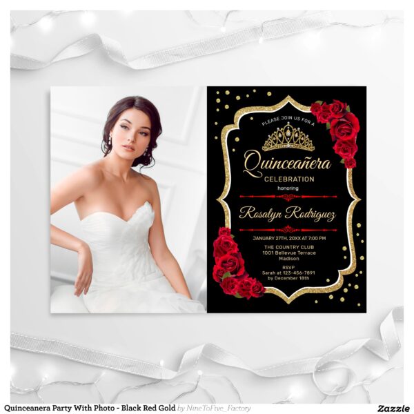 Quinceanera Party With Photo - Black Red Gold Invitation
