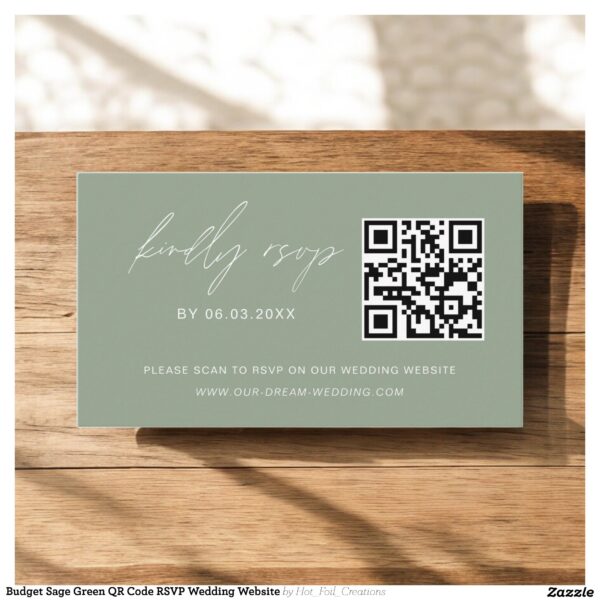 Budget Sage Green QR Code RSVP Wedding Website Enclosure Card
