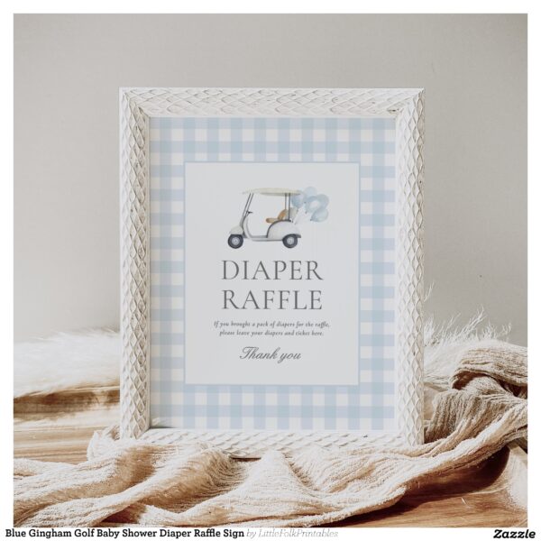 Blue Gingham Golf Baby Shower Diaper Raffle Sign