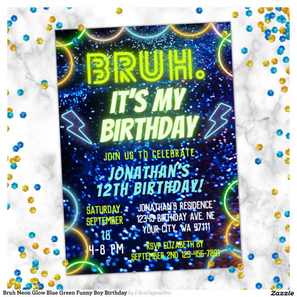 Bruh Neon Glow Blue Green Funny Boy Birthday Invitation
