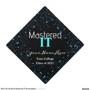 Blue Circuit Board Mastered IT Personalized Graduation Cap Topper