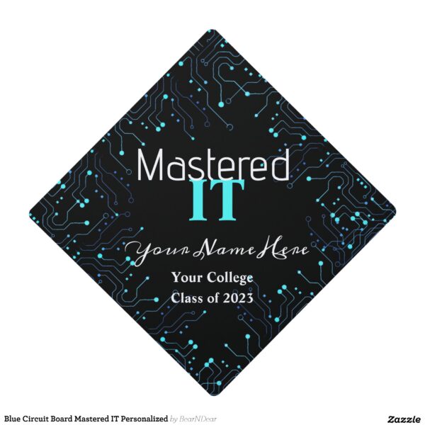 Blue Circuit Board Mastered IT Personalized Graduation Cap Topper