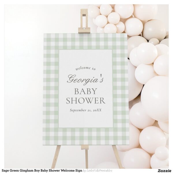 Sage Green Gingham Boy Baby Shower Welcome Sign
