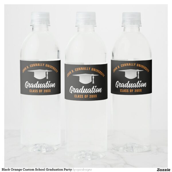 Black Orange Custom School Graduation Party Water Bottle Label