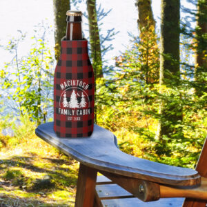 Cabin Family Name Red Black Buffalo Plaid Bottle Cooler