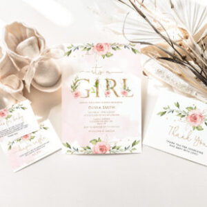 Blush floral gold It's a girl baby shower Invitation