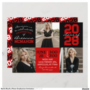 Red & Black 3 Photo Graduation Invitation
