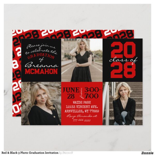 Red & Black 3 Photo Graduation Invitation