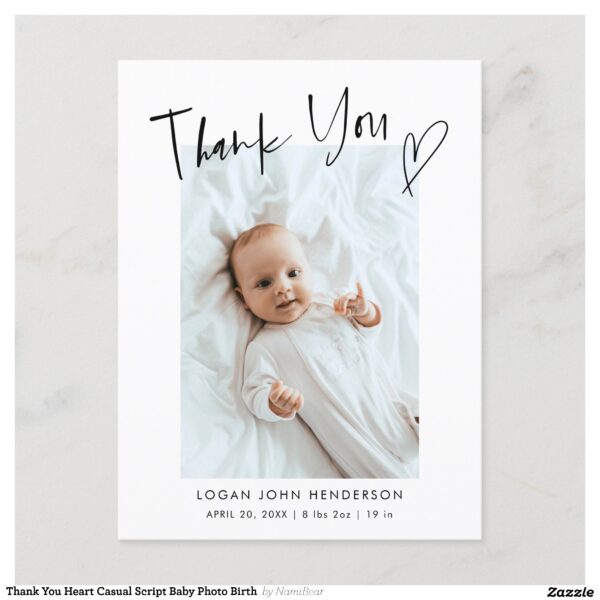 Thank You Heart Casual Script Baby Photo Birth Announcement Postcard